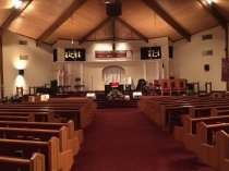 Overview, central aisle, pews, pulpit, etc